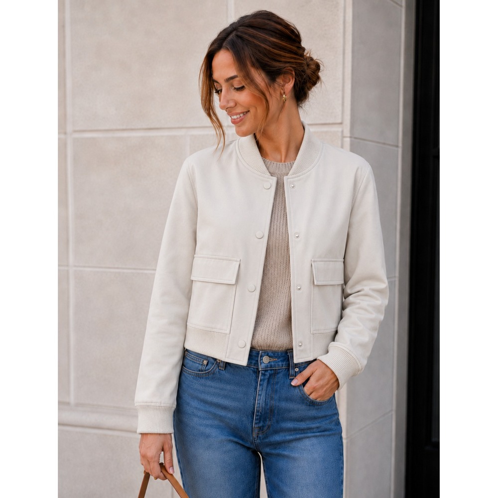 Rachel Zoe Cropped Bomber Jacket Beige Utility Minimalist Contemporary Size L